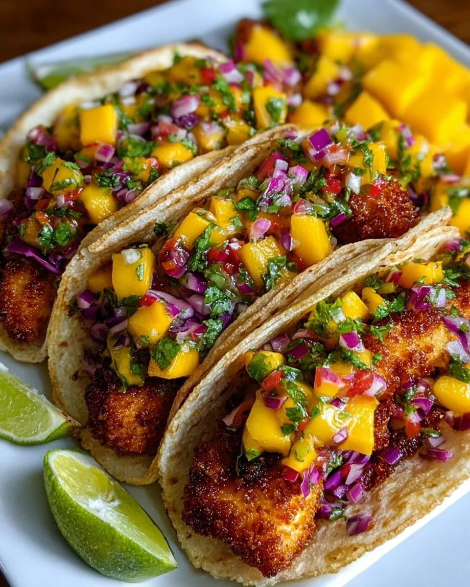 Delicious Baja fish tacos served with fresh toppings and lime wedges.