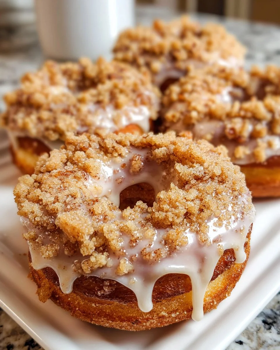 Baked coffee cake donuts drizzled with vanilla glaze on a plate