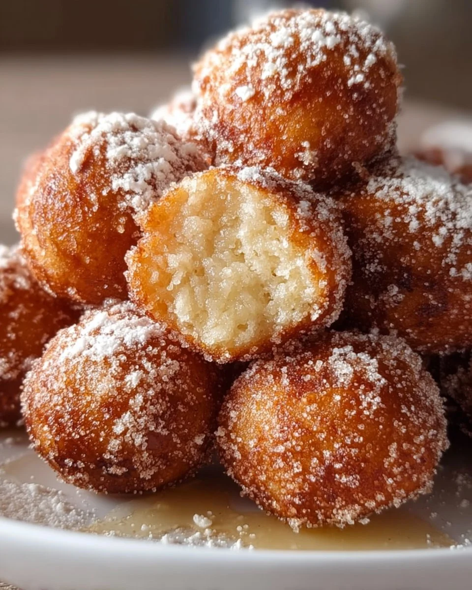Bowl of freshly made banana donut holes on a wooden table