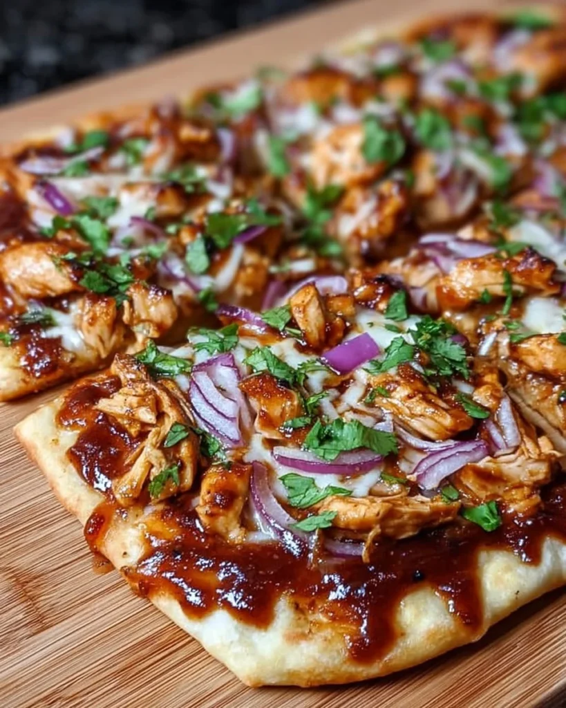 BBQ Chicken Flatbread Pizza topped with chicken, barbecue sauce, and fresh ingredients