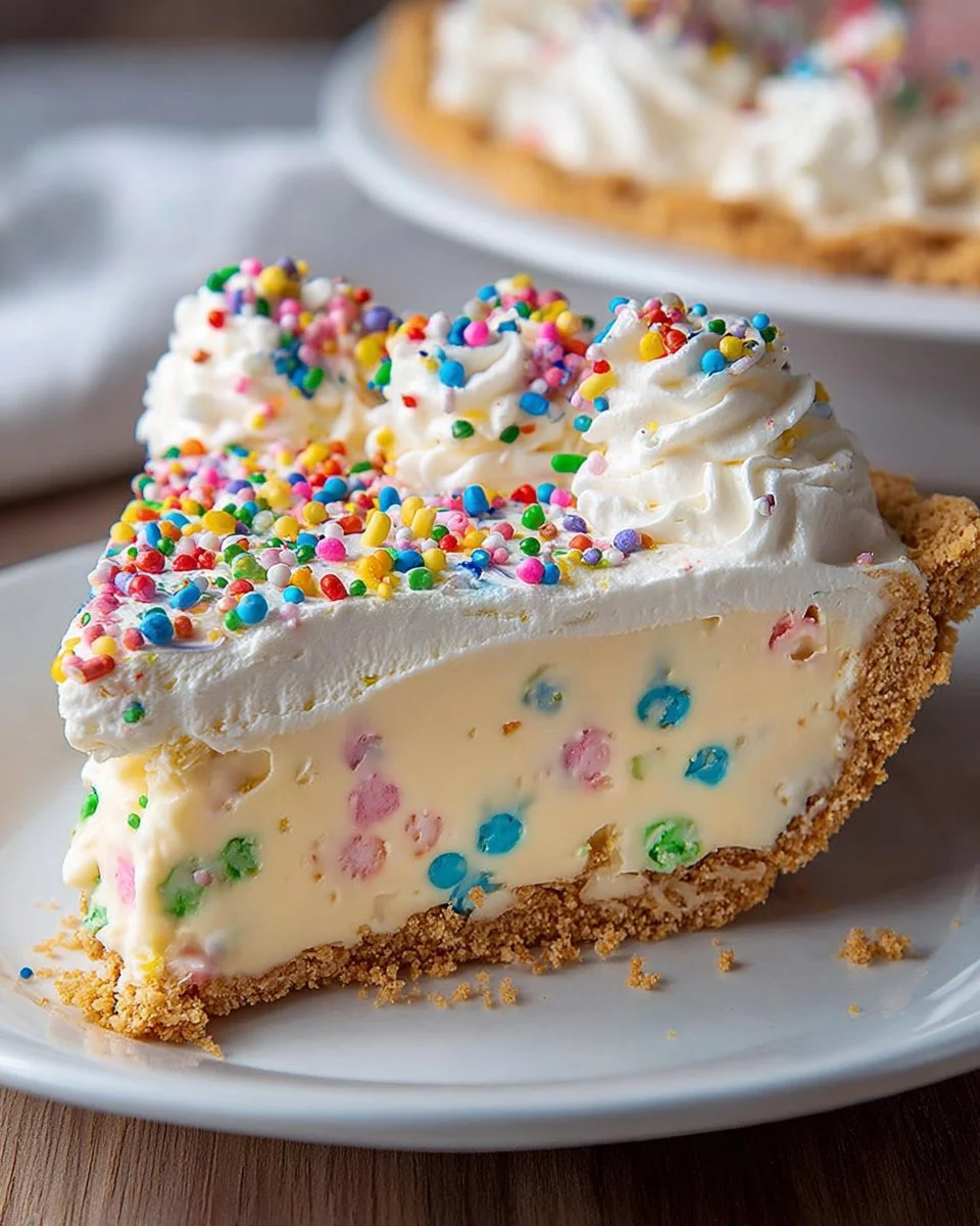 Delicious birthday cake pie topped with colorful sprinkles and frosting