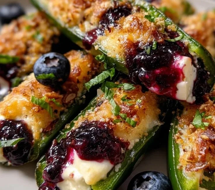 Plate of Blueberry Brie Jalapeño Poppers garnished with herbs