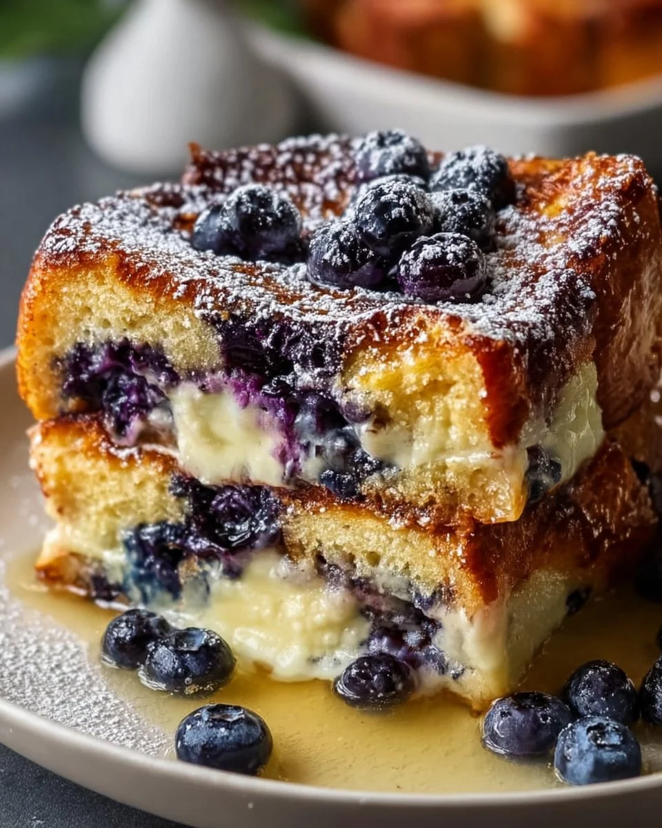 Blueberry Cream Cheese French Toast Casserole served warm in a baking dish