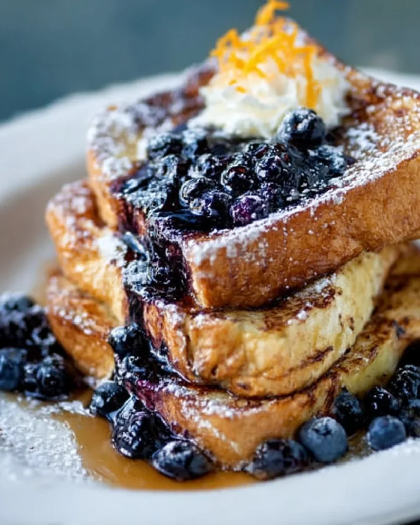 Delicious blueberry french toast topped with fresh blueberries and syrup