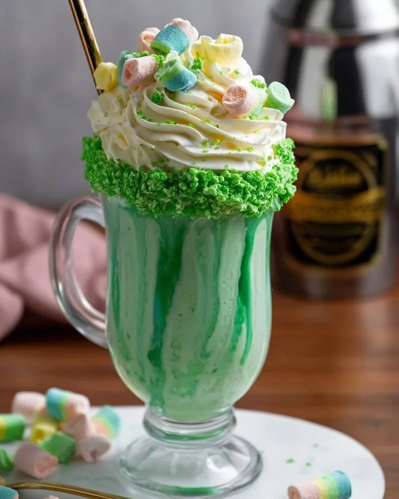 Creamy Boozy Shamrock Shake with mint and whipped cream garnish