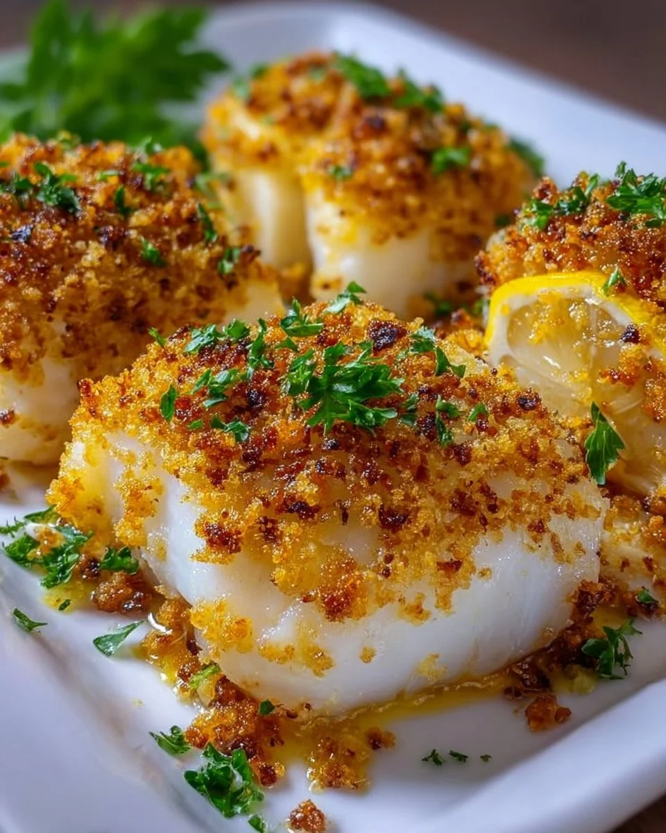 Delicious baked cod garnished with herbs and lemon on a plate.