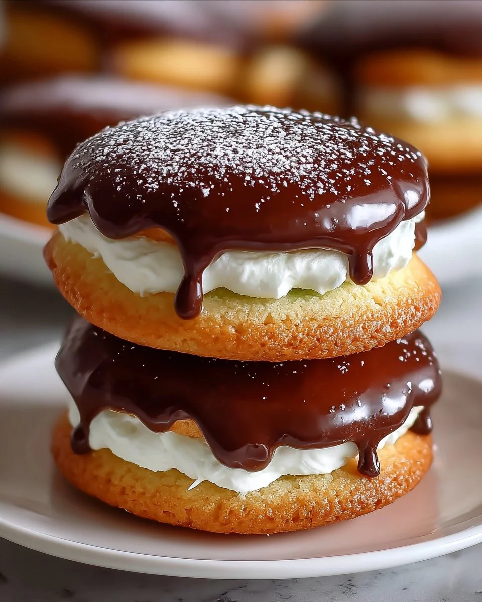 Delicious Boston Cream Pie Cookies with chocolate drizzle and cream filling