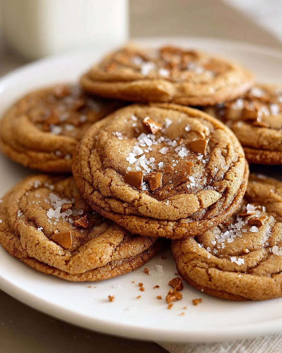 Brown butter coffee toffee cookies fresh out of the oven, topped with toffee bits.