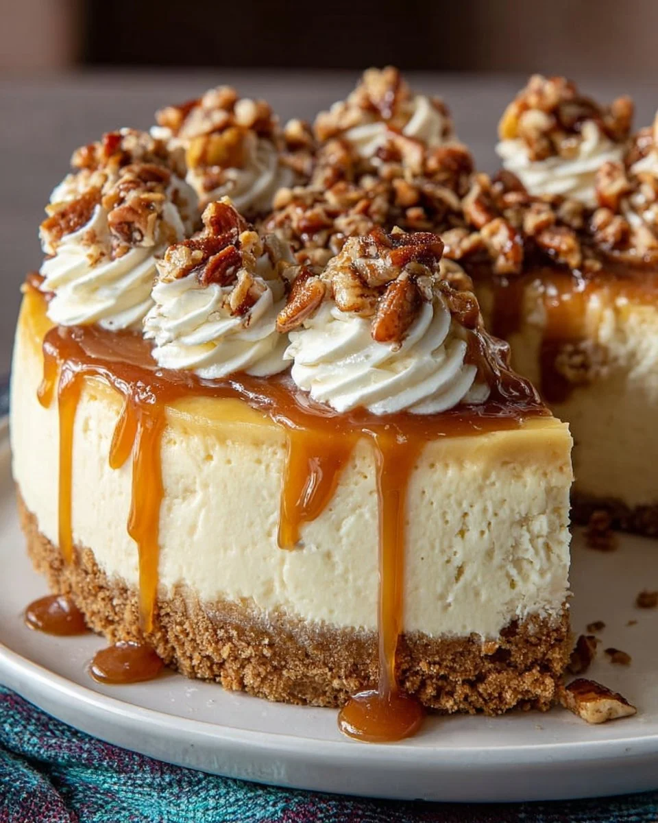 A slice of browned butter pecan cheesecake topped with pecans and caramel drizzle.