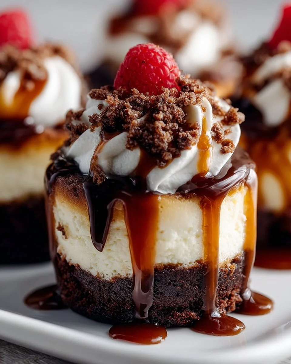 Decadent brownie cheesecake cups topped with chocolate ganache and whipped cream