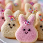 Colorful buttercream bunny cookies decorated for Easter celebrations