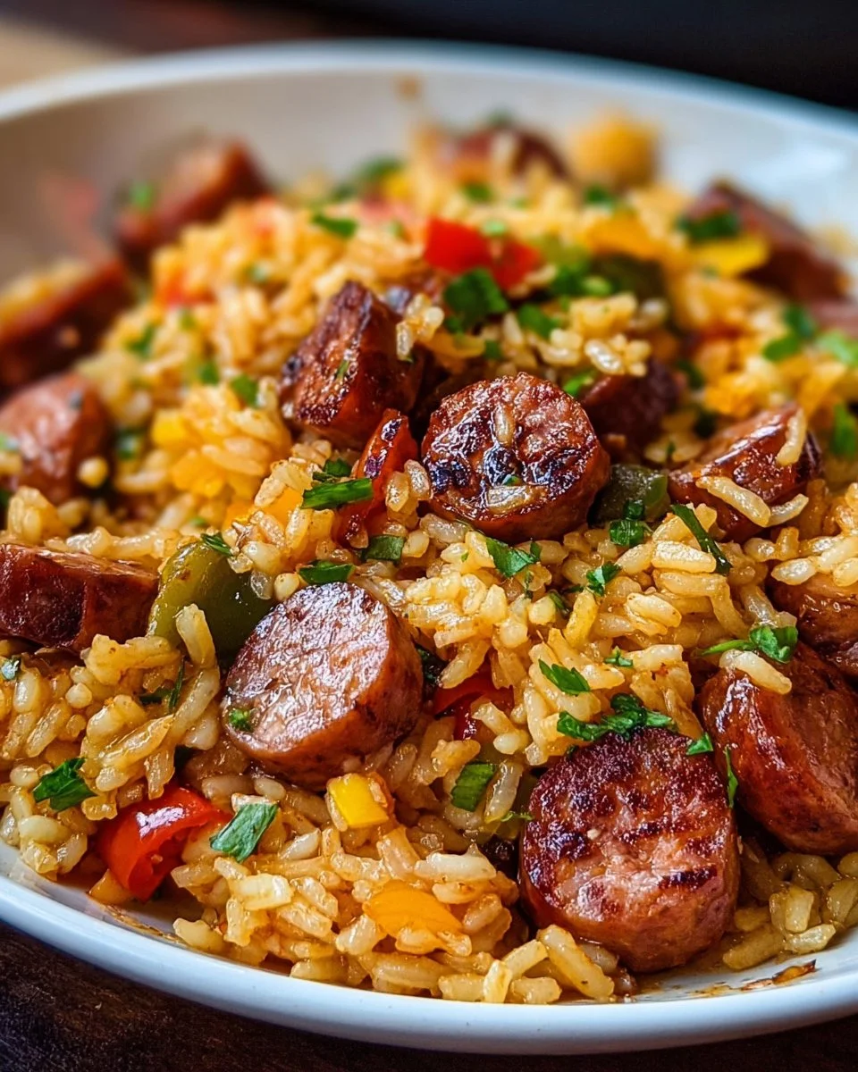 Cajun sausage and rice skillet served in a pan with fresh herbs on top