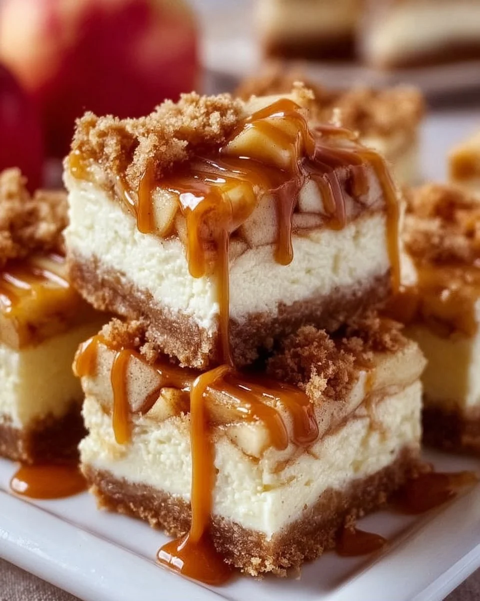 Delicious caramel apple cheesecake bars topped with caramel drizzle.