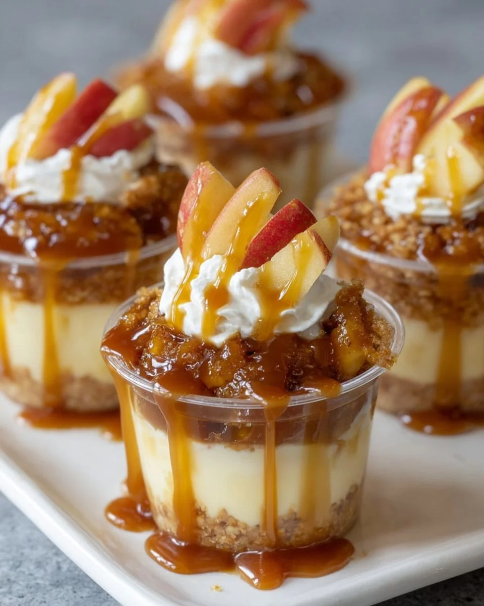 Delicious caramel apple dessert cups topped with whipped cream and caramel drizzle.