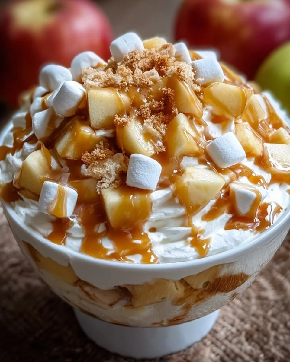 Delicious Caramel Apple Fluff dessert topped with caramel and apple slices
