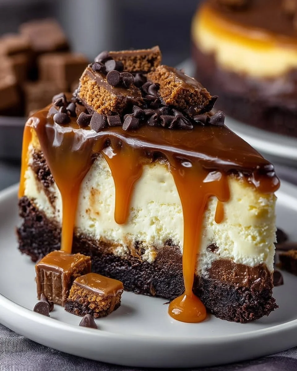 Delicious caramel brownie cheesecake topped with chocolate drizzle and caramel sauce