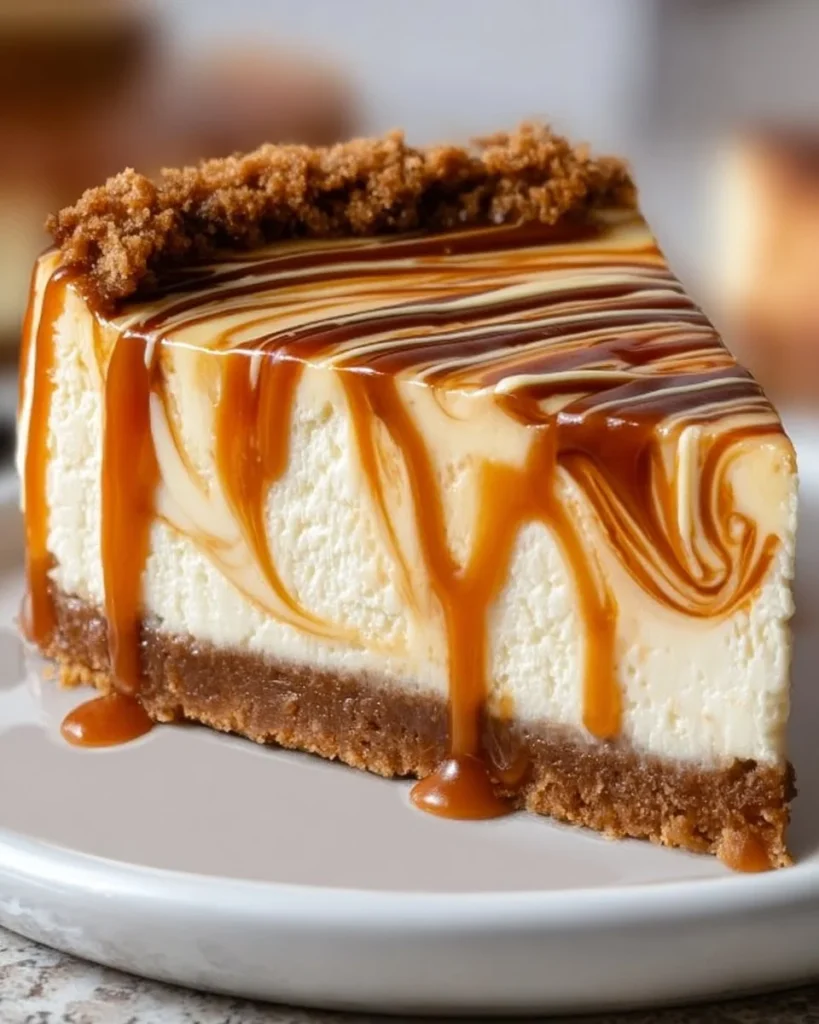 Delicious caramel swirl cheesecake topped with drizzled caramel sauce