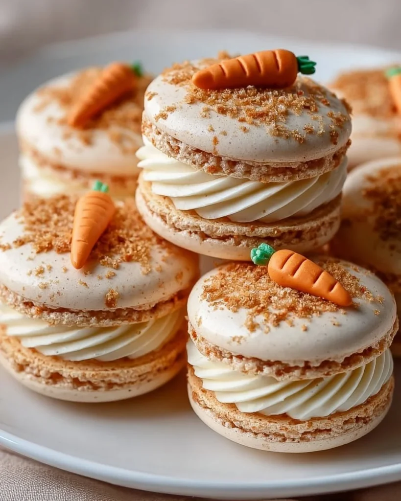 Delicious carrot cake macarons with spiced cream cheese frosting on a plate.