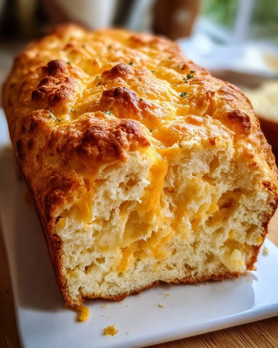 A freshly baked loaf of Cheddar Beer Bread, golden brown and delicious.