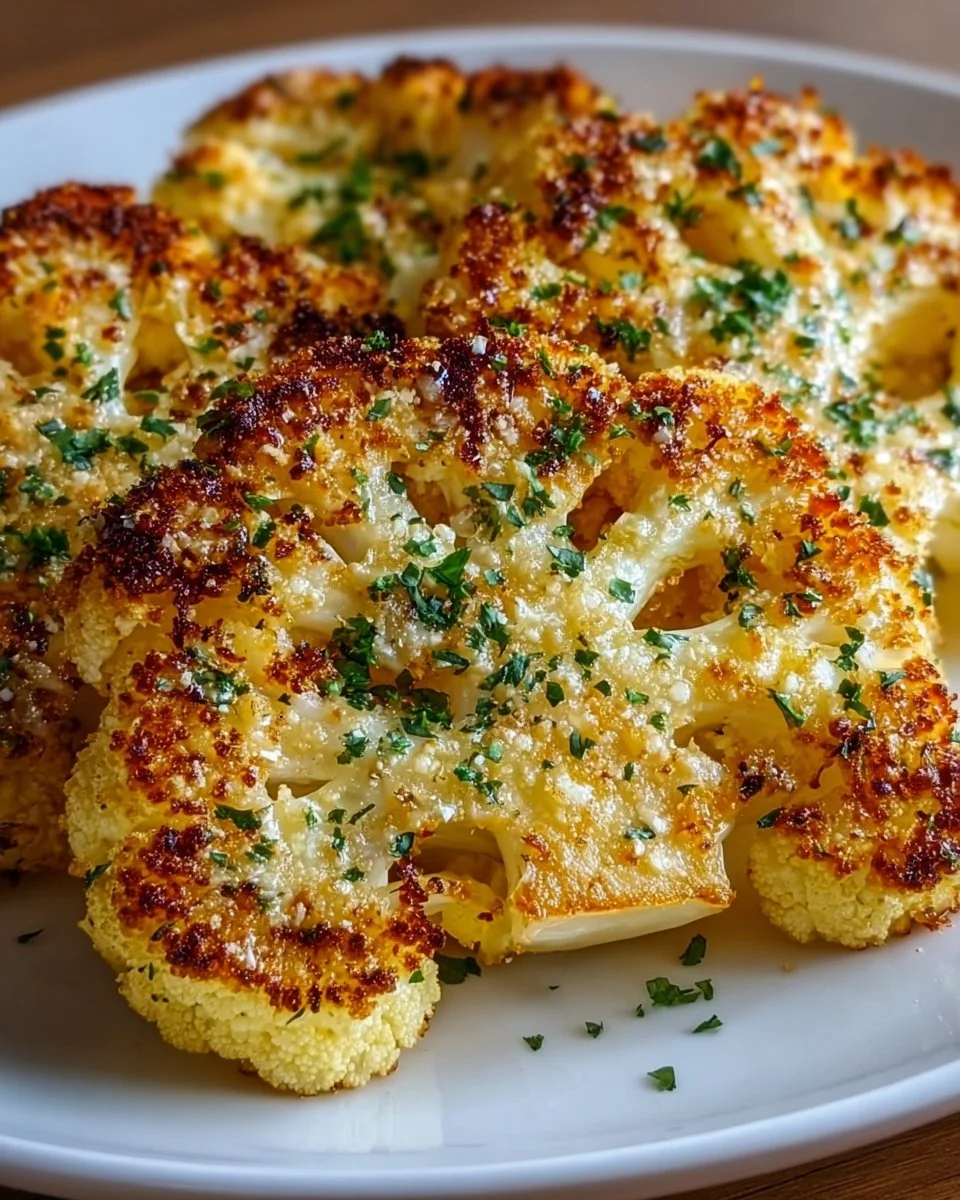 Cheesy cauliflower steaks topped with melted cheese and herbs