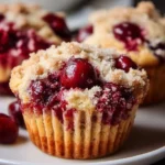 Freshly baked Cherry Cobbler Muffins with vibrant cherries on a rustic table
