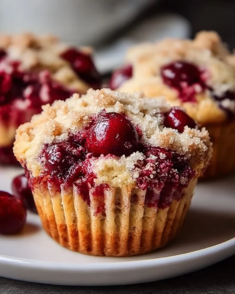 Freshly baked Cherry Cobbler Muffins with vibrant cherries on a rustic table