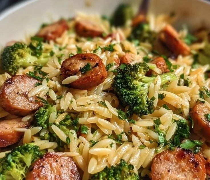 A bowl of Chicken Sausage and Broccoli Orzo topped with herbs and spices.