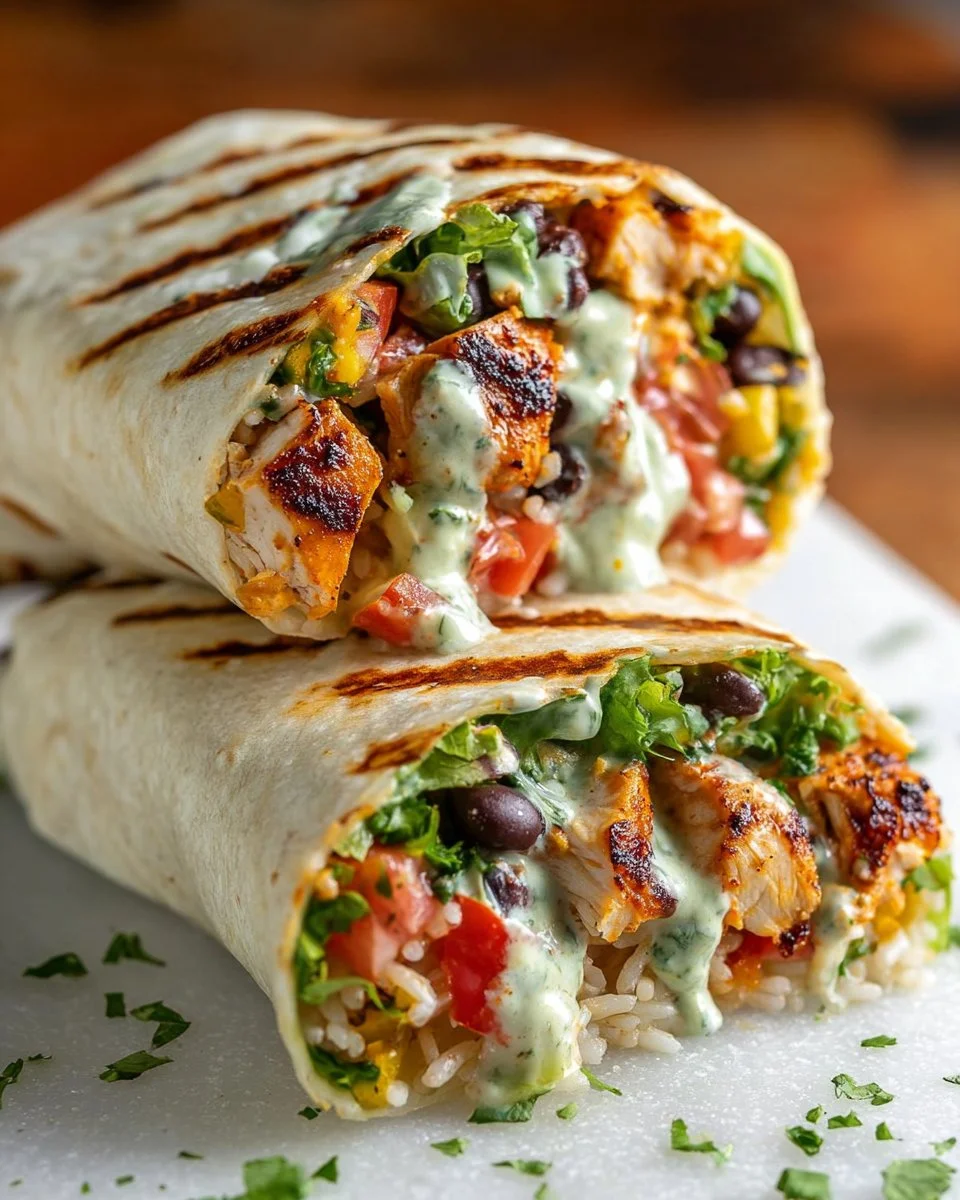 Chipotle Ranch Grilled Chicken Burrito with fresh ingredients and ranch sauce