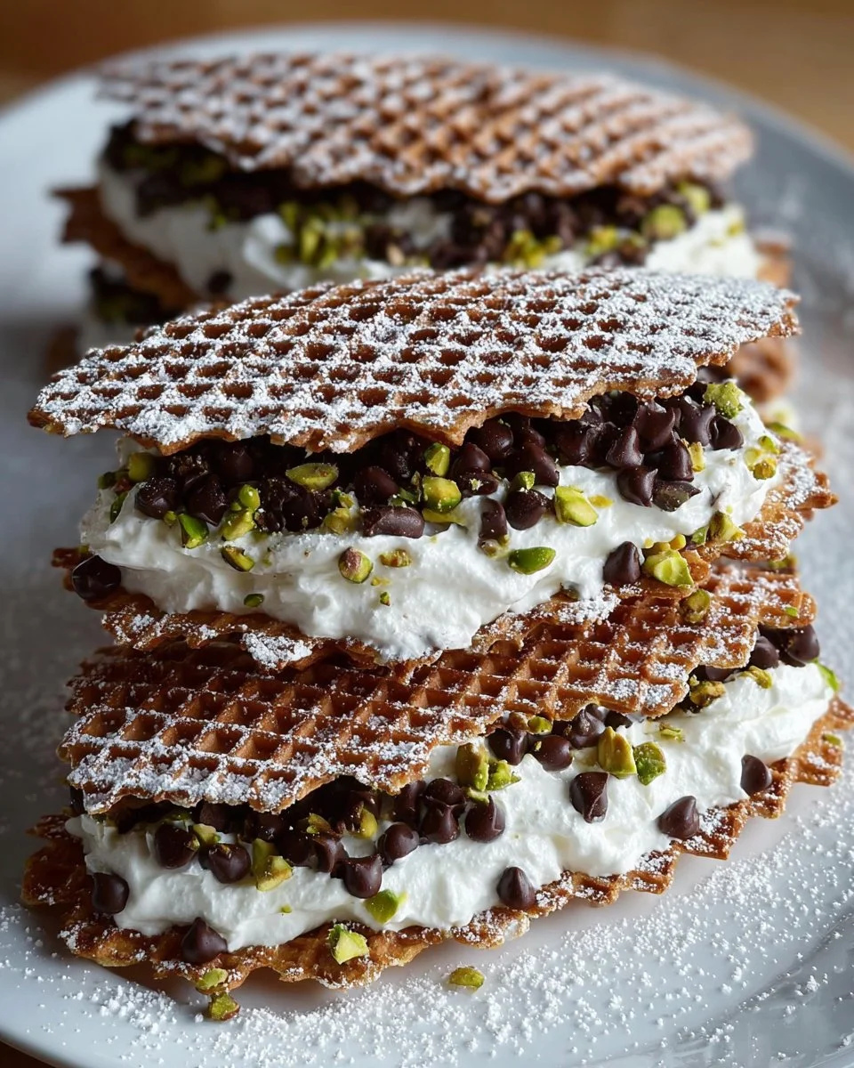Delicious chocolate cannoli pizzelle sandwiches on a wooden board