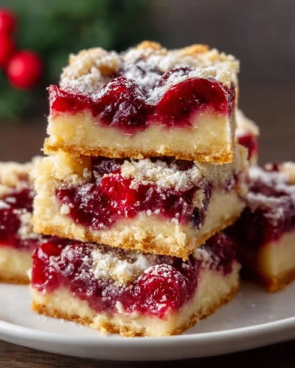 Delicious Christmas Cherry Bars dessert with festive red cherries and green decorations.