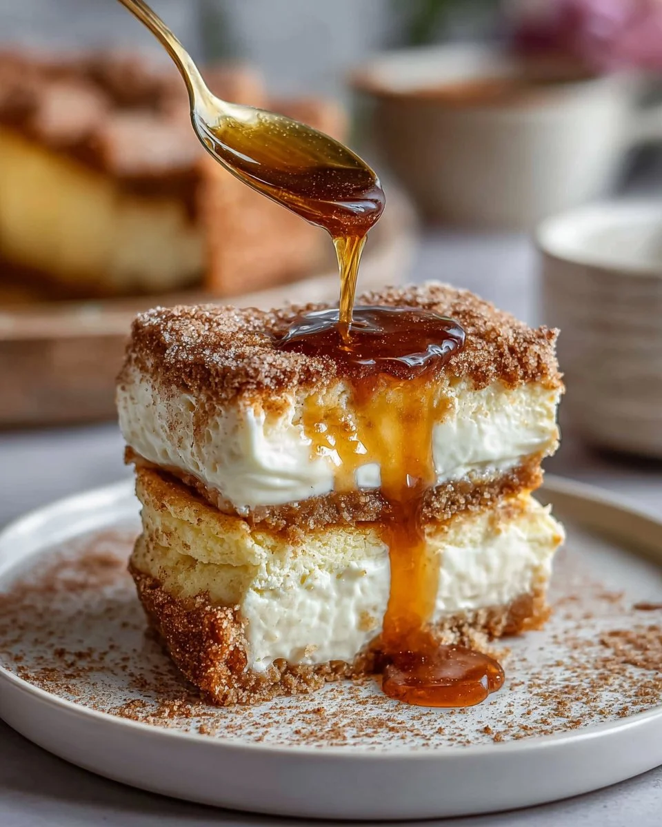 Delicious Churro Cheesecake topped with cinnamon sugar and caramel drizzle.