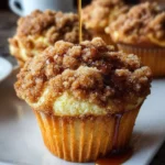 Delicious cinnamon muffins with a crunchy topping on a wooden table