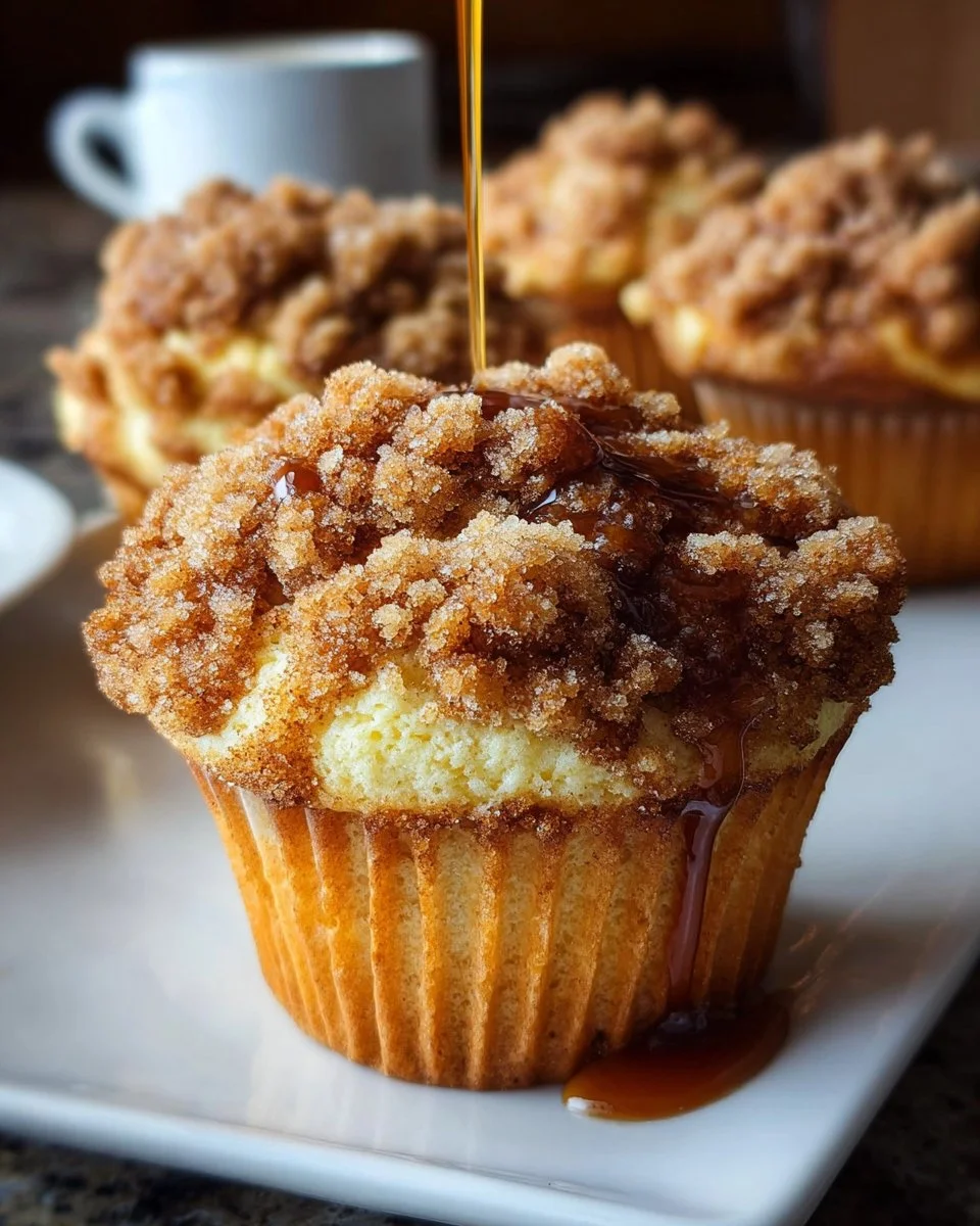 Delicious cinnamon muffins with a crunchy topping on a wooden table