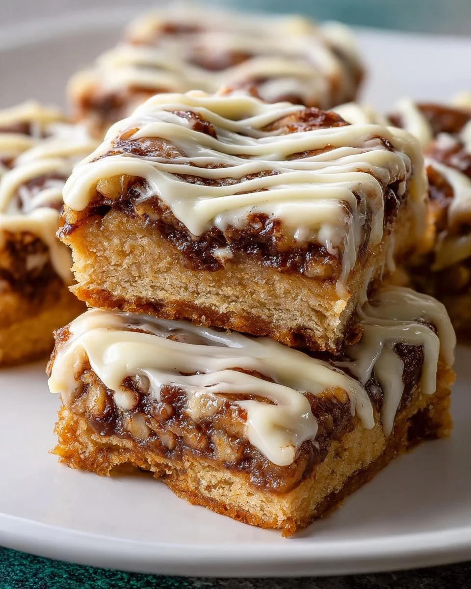 Delicious cinnamon roll bliss bars topped with icing on a white plate.