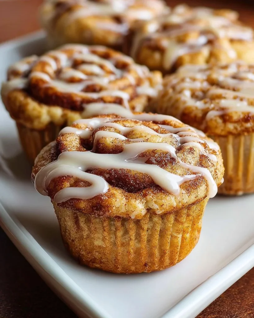 Healthy cinnamon roll protein muffins on a plate, drizzled with icing.