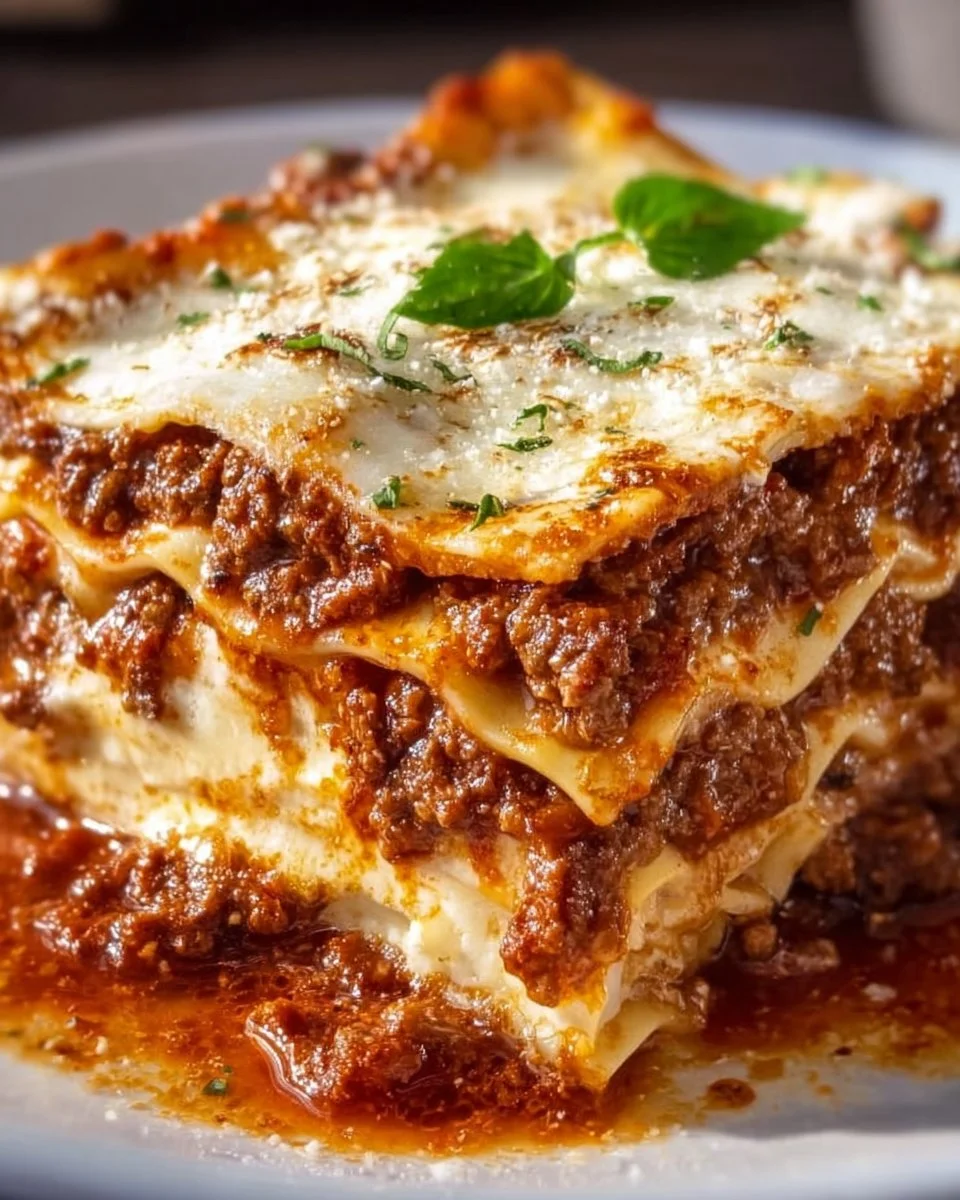 Classic homemade lasagna with layers of meat, cheese, and pasta
