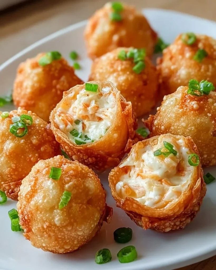 Crispy Crab Rangoon Bombs filled with creamy crab and served with dipping sauce.