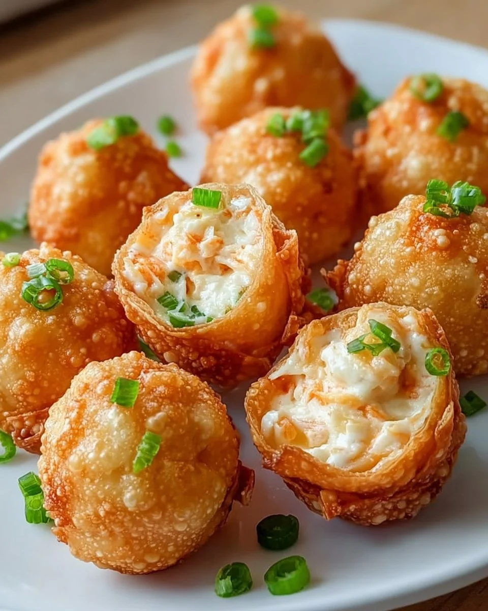 Crispy Crab Rangoon Bombs filled with creamy crab and served with dipping sauce.