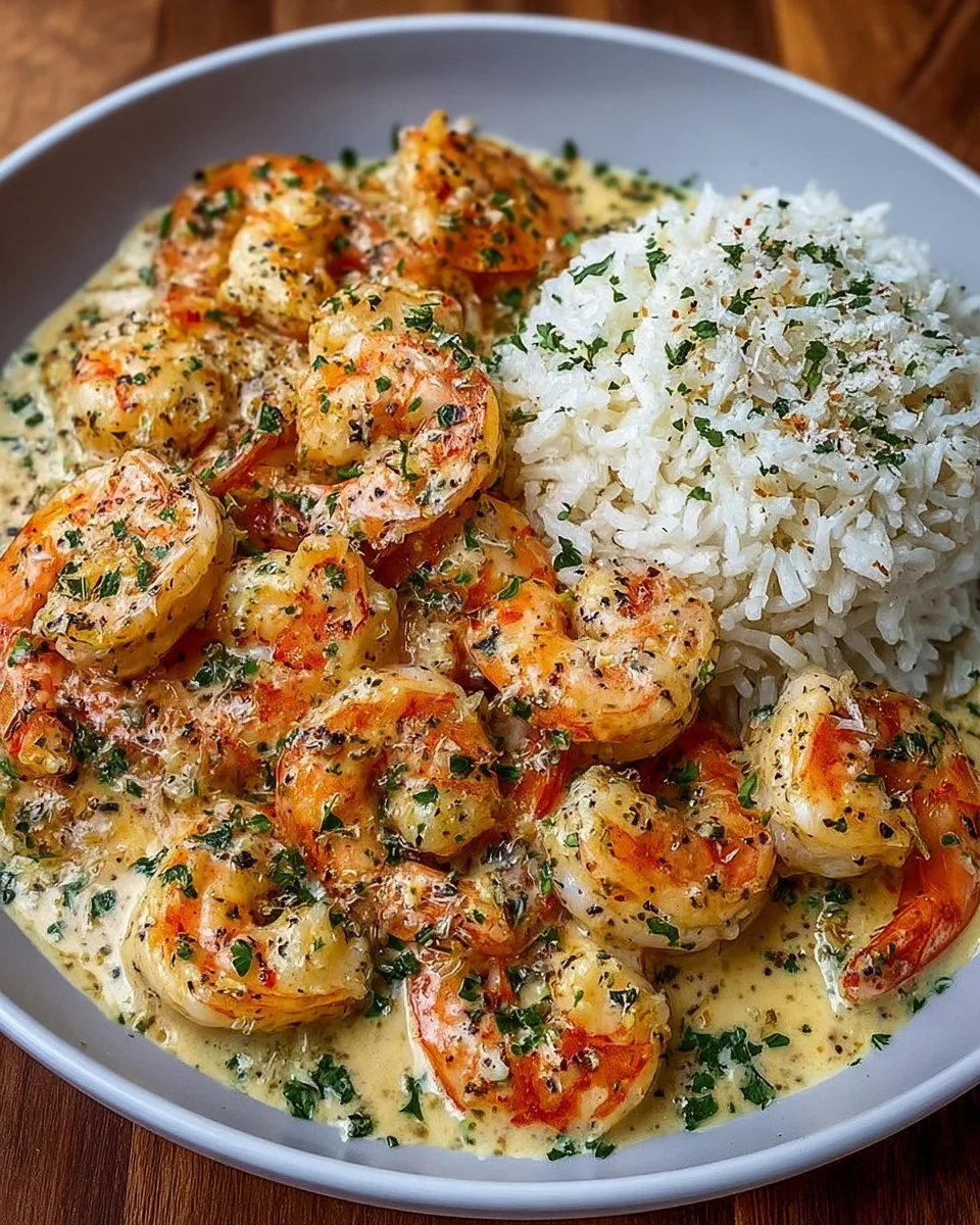 Creamy garlic butter shrimp served over rice in a one-pan meal