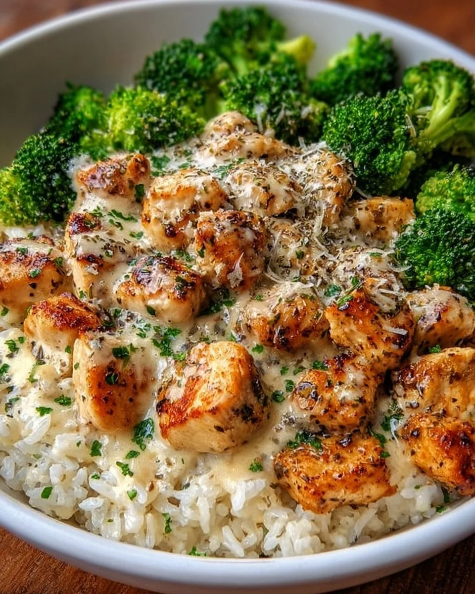 Creamy garlic chicken rice bowls served in a bowl with fresh herbs