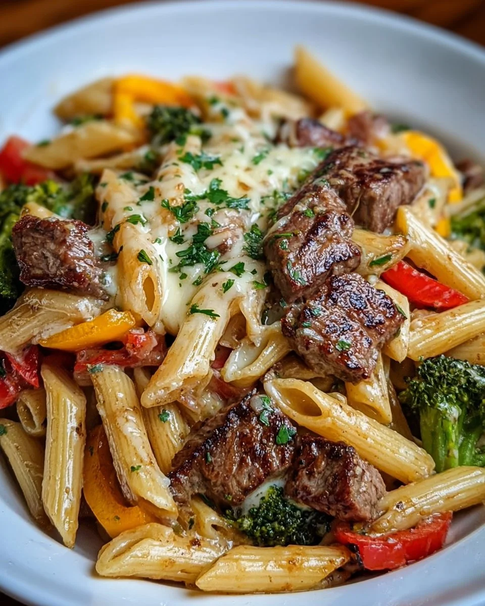 Creamy garlic parmesan penne dish with steak, broccoli, and bell peppers