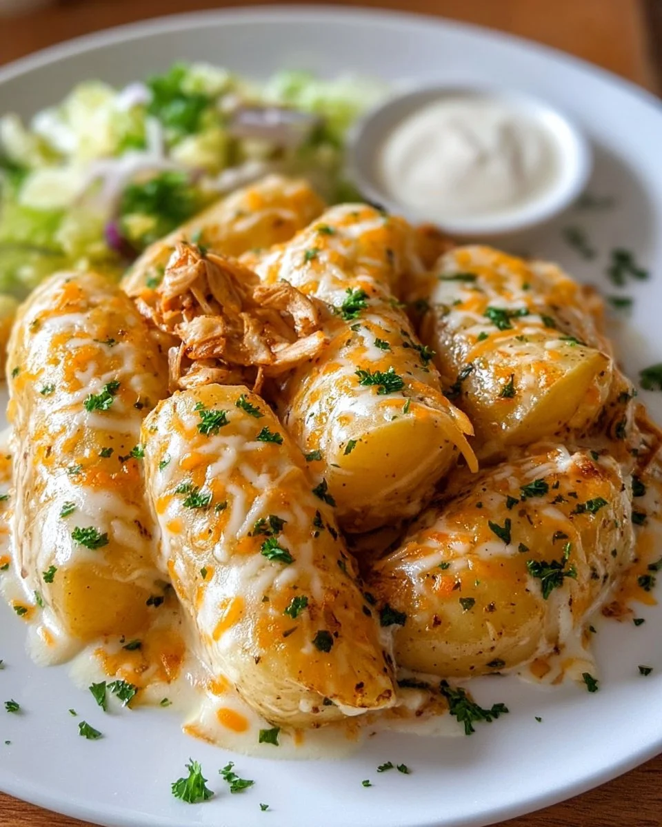 Creamy garlic sauce potatoes served in a white bowl with herbs
