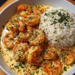 Creamy garlic shrimp dish served over a bed of rice