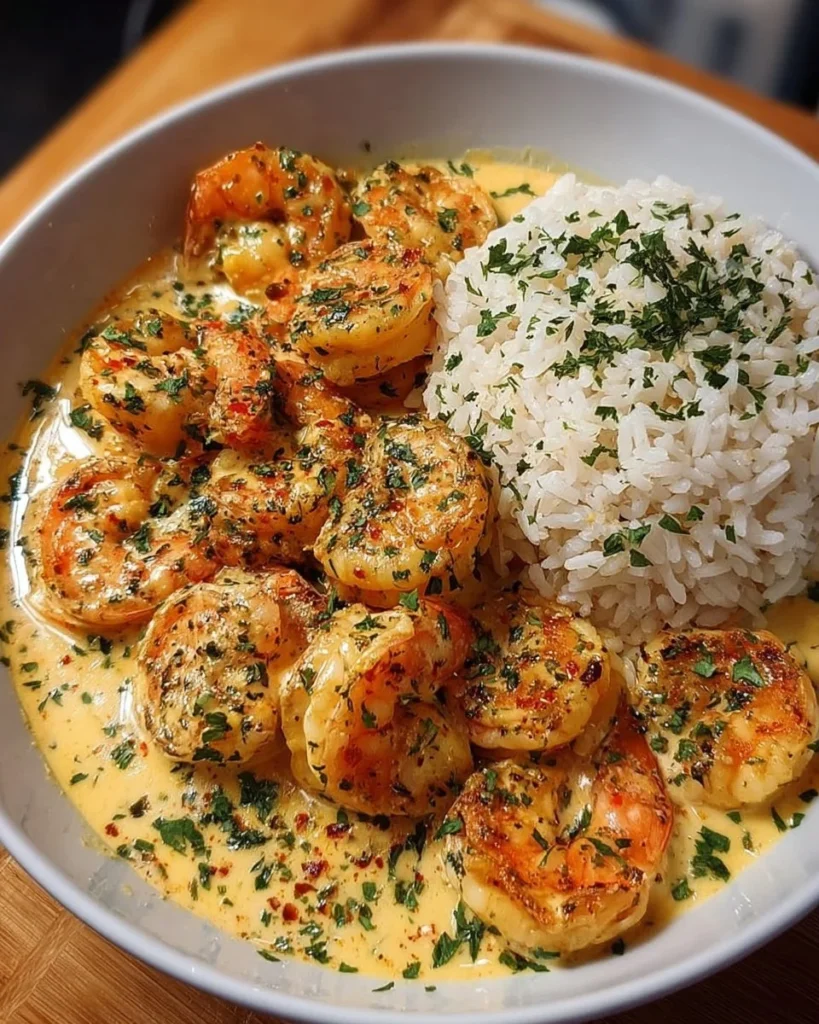 Creamy garlic shrimp dish served over a bed of rice