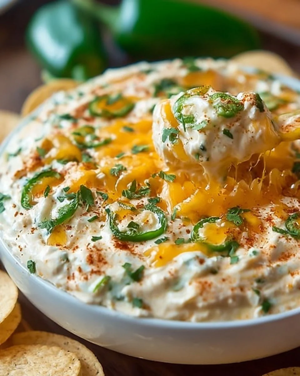Creamy jalapeno cream cheese dip served in a bowl with tortilla chips.