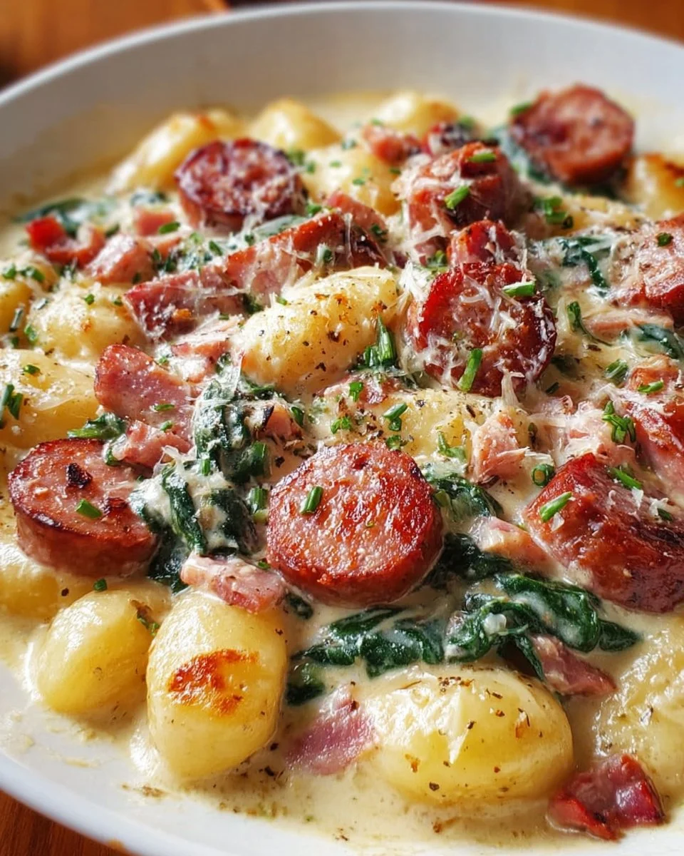 Creamy kielbasa gnocchi skillet with vegetables in a pan