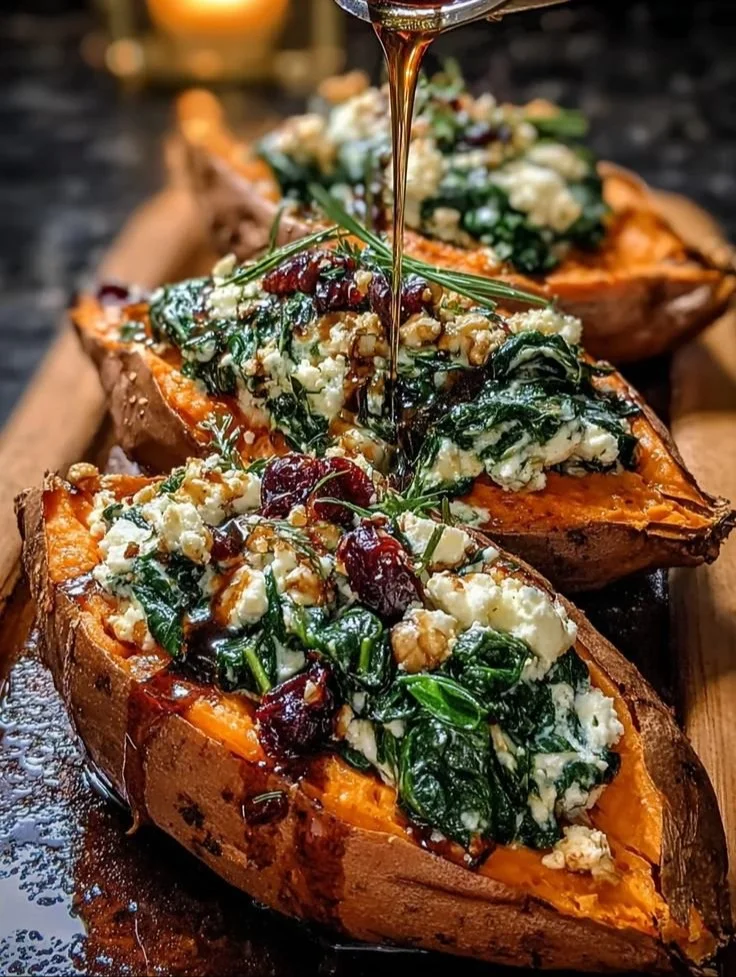 Creamy ricotta and spinach stuffed sweet potatoes on a plate.
