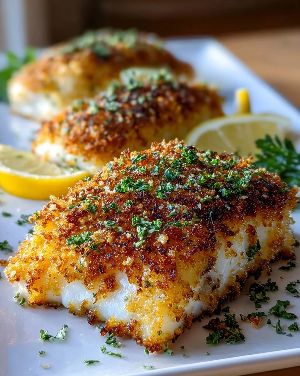 Crispy Air Fryer Parmesan Crusted Cod served on a plate