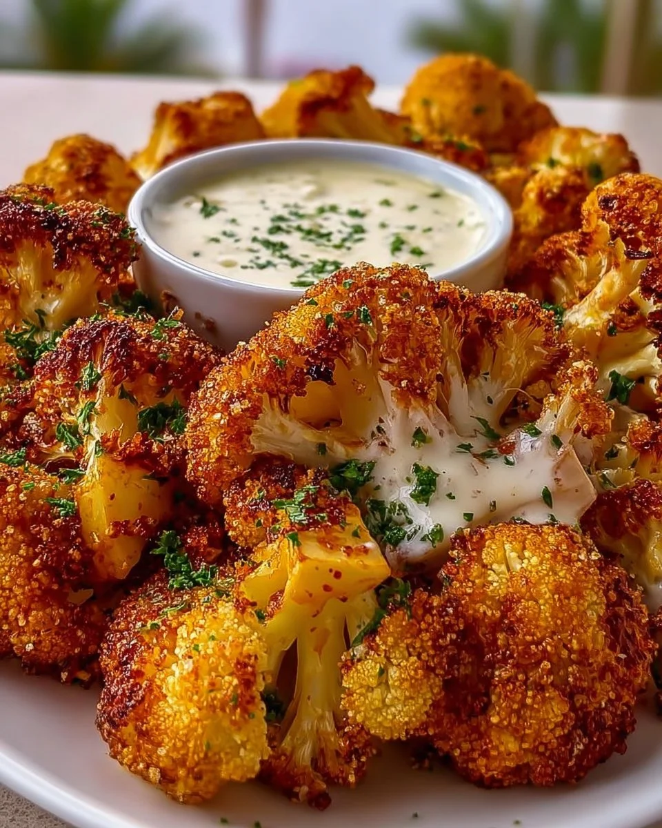 Plate of crispy baked cauliflower bites served with garlic sauce.