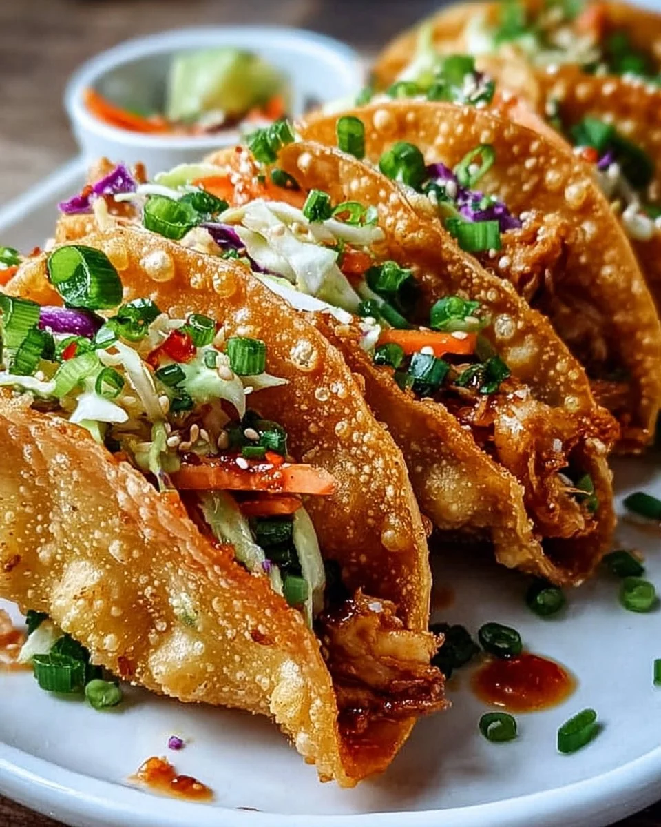 Crispy Chicken Wonton Tacos filled with tender chicken and fresh toppings